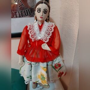 Handcrafted Doll with Red Lace Blouse